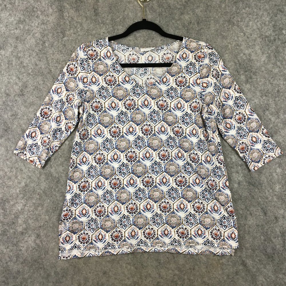 J Jill Top S 3/4 Sleeve V Neck Knit Geometric Floral Motif Career Casual T Shirt